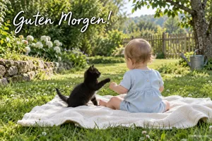Baby und Kätzchen auf einer Decke im Garten, Text: Guten Morgen!