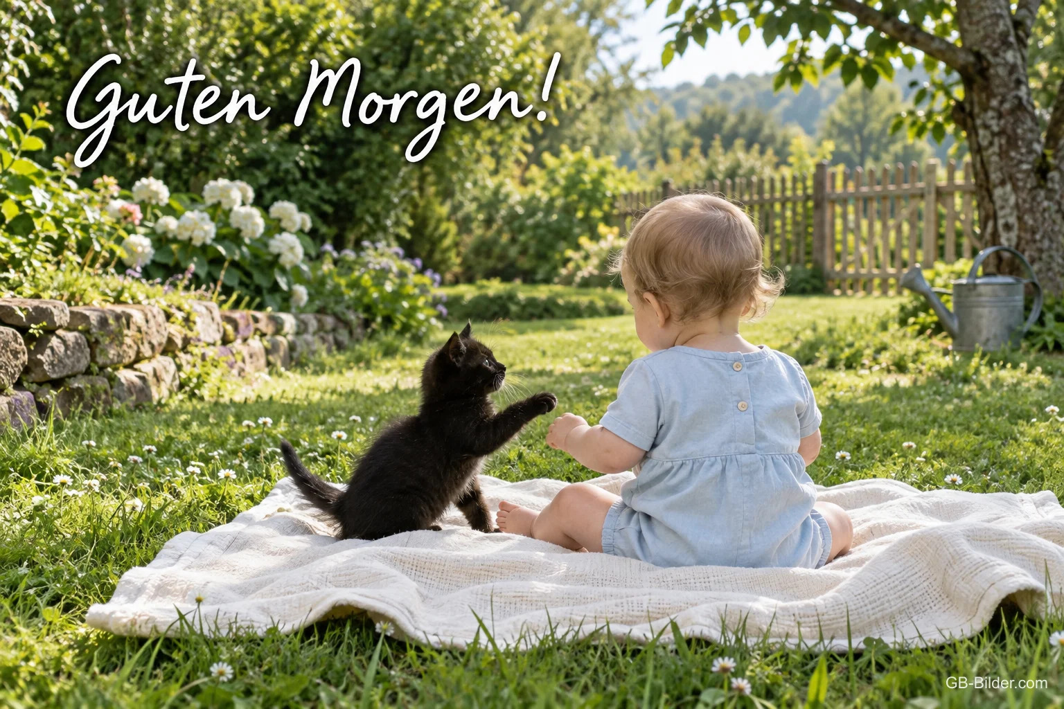 Baby und Kätzchen auf einer Decke im Garten, Text: Guten Morgen!