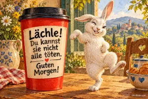 Roter Kaffeebecher mit Spruch, daneben tanzt ein weißer Hase, Text: Lächle! Du kannst sie nicht alle töten. Guten Morgen!