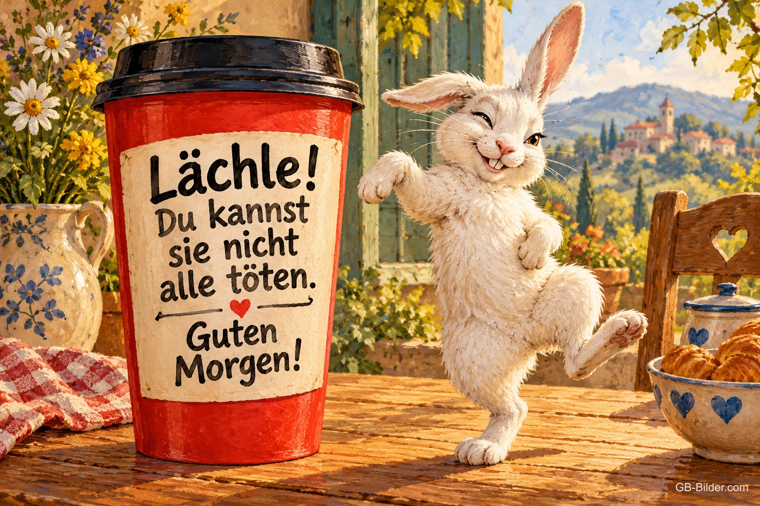 Roter Kaffeebecher mit Spruch, daneben tanzt ein weißer Hase, Text: Lächle! Du kannst sie nicht alle töten. Guten Morgen!