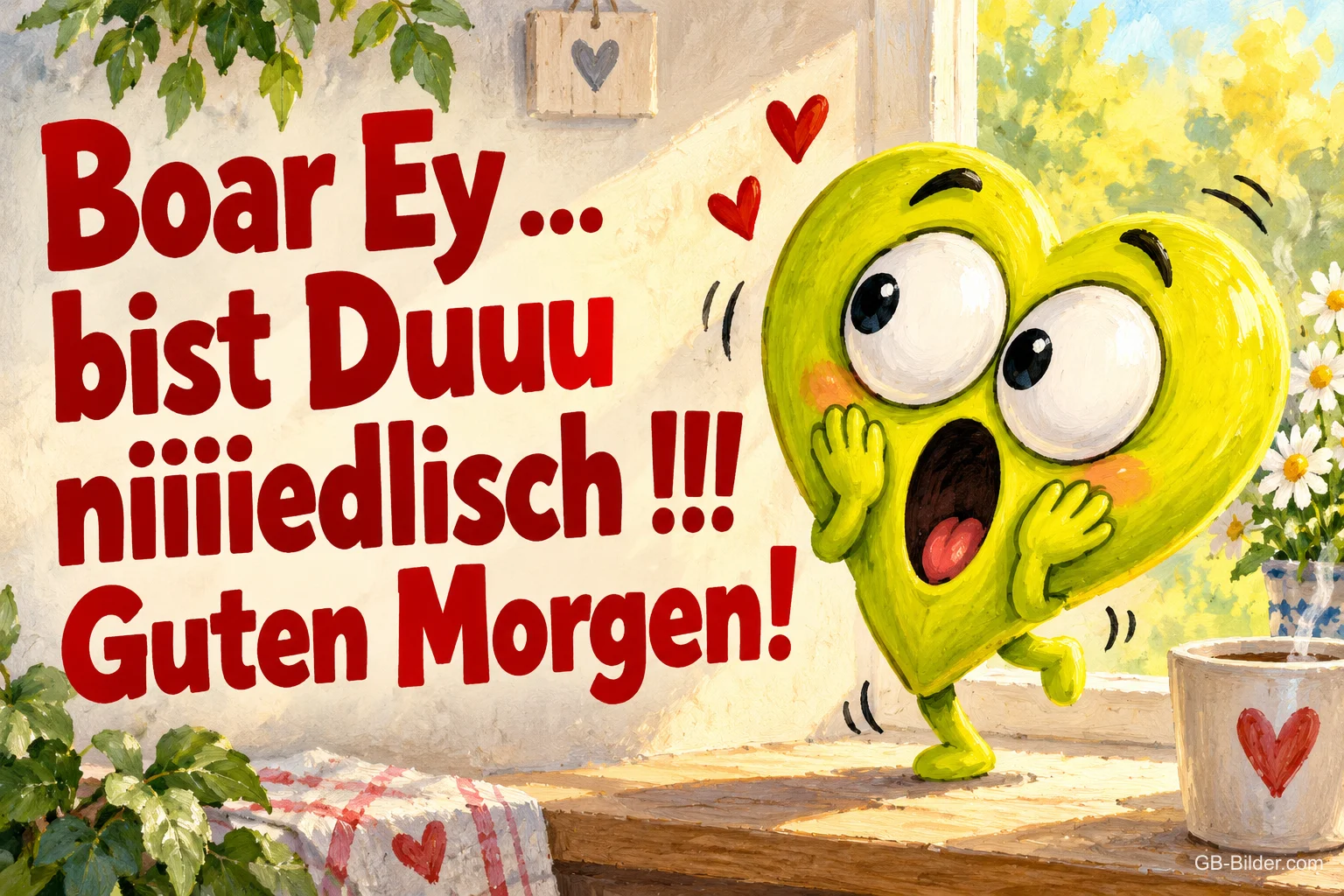 Gelbgrünes Herz mit großen Augen hält sich staunend die Wangen, Text: Boar Ey ... bist Duuu niiiiedlisch !!! Guten Morgen!