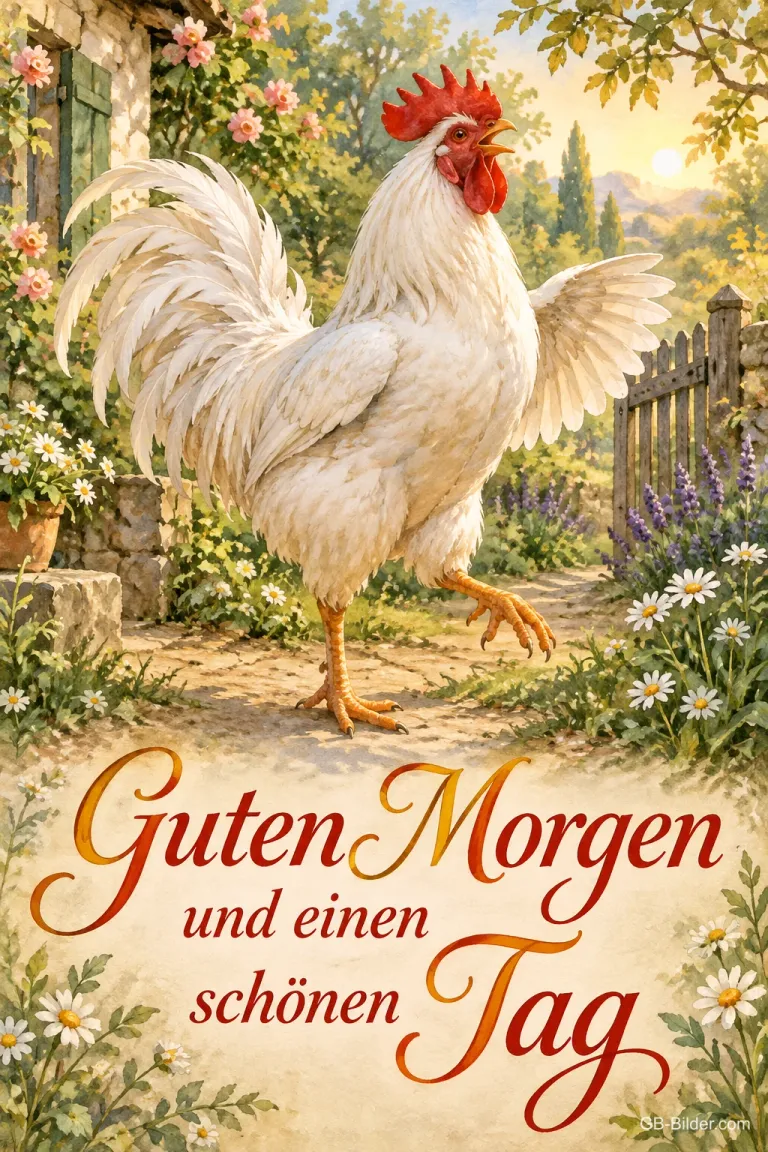 Weißer Hahn läuft durch einen blühenden Garten, Text: Guten Morgen und einen schönen Tag