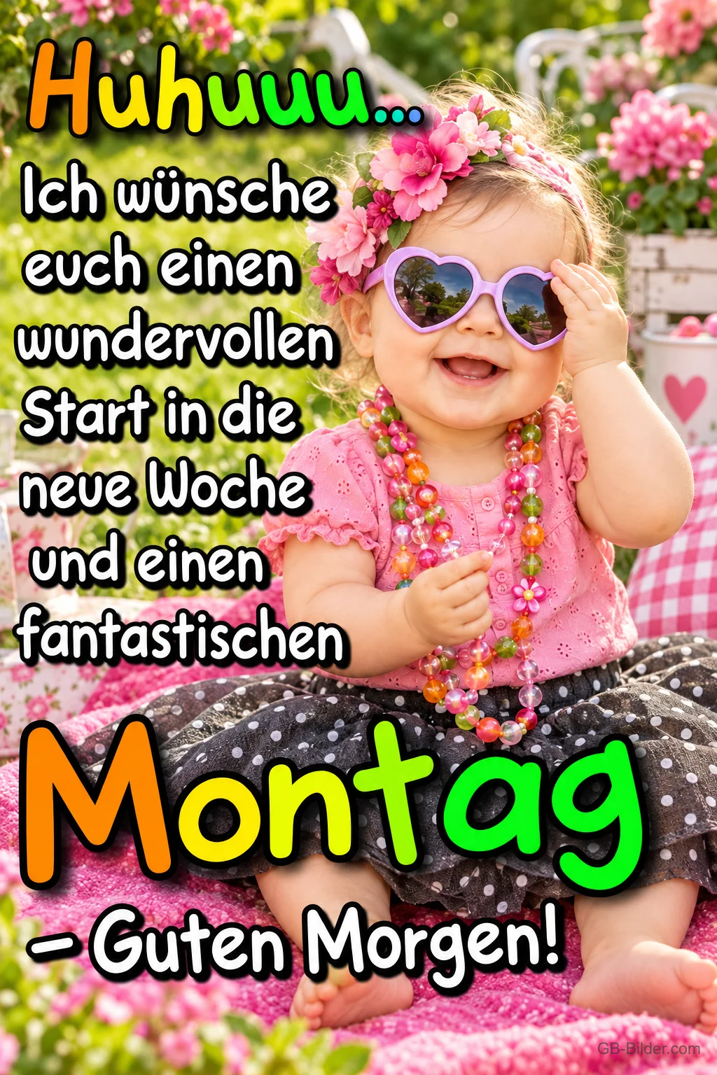 Lachendes Mädchen mit Herzsonnenbrille und Perlenkette, Text: Huhuuu… Ich wünsche euch einen wundervollen Start in die neue Woche und einen fantastischen Montag – Guten Morgen!