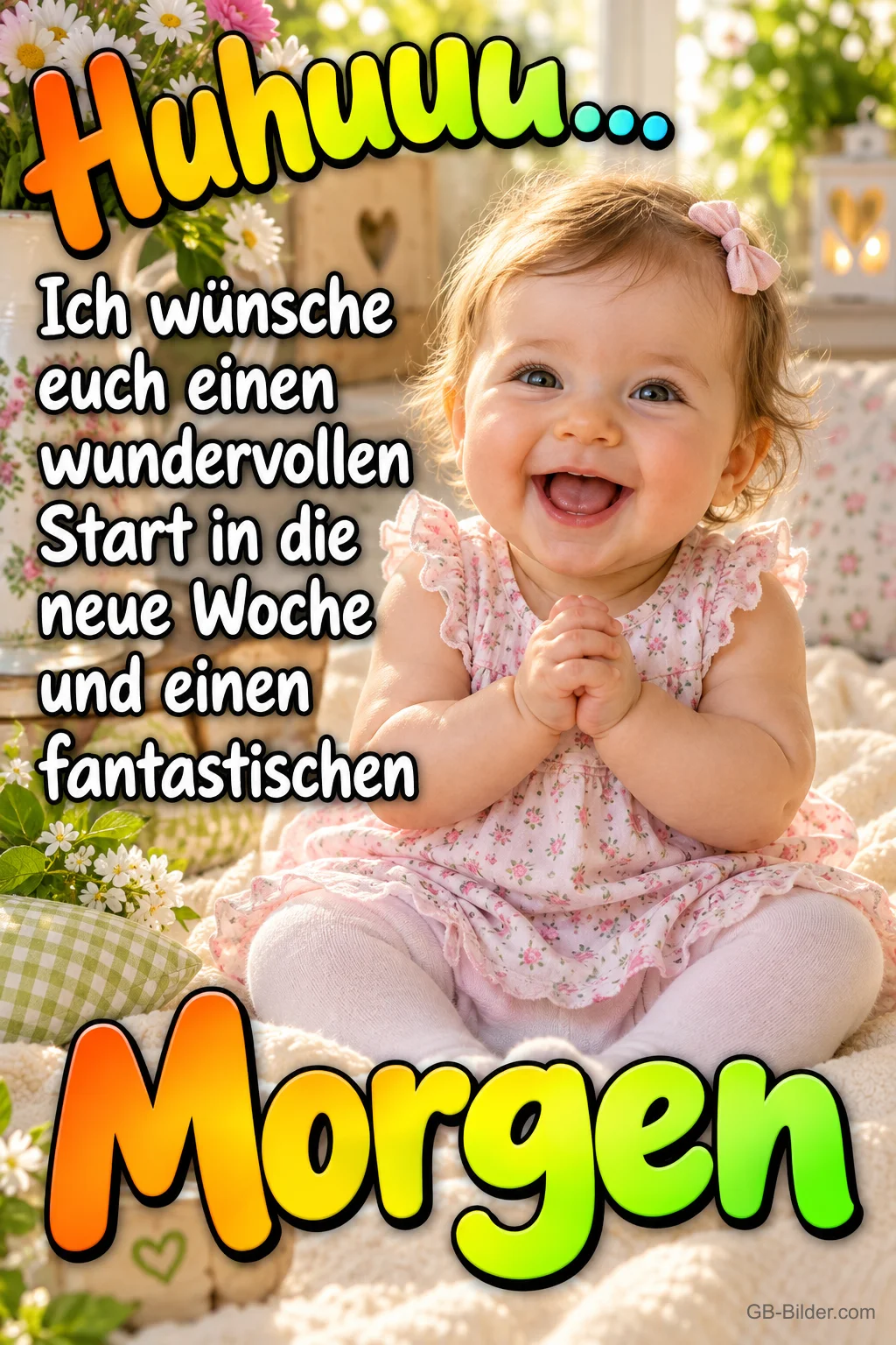 Lachendes Baby im rosa Kleid klatscht in die Hände, Text: Huhuuu… Ich wünsche euch einen wundervollen Start in die neue Woche und einen fantastischen Morgen