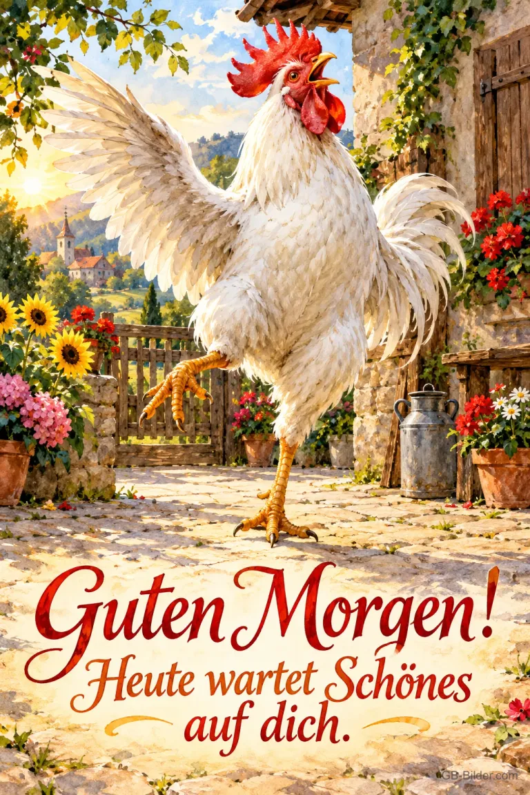 Weißer Hahn tanzt stolz mit erhobenem Flügel in einem sonnigen Bauernhof, Text: Guten Morgen! Heute wartet Schönes auf dich.