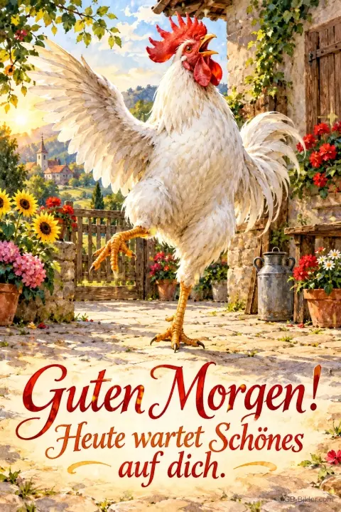 Weißer Hahn tanzt stolz mit erhobenem Flügel in einem sonnigen Bauernhof, Text: Guten Morgen! Heute wartet Schönes auf dich.