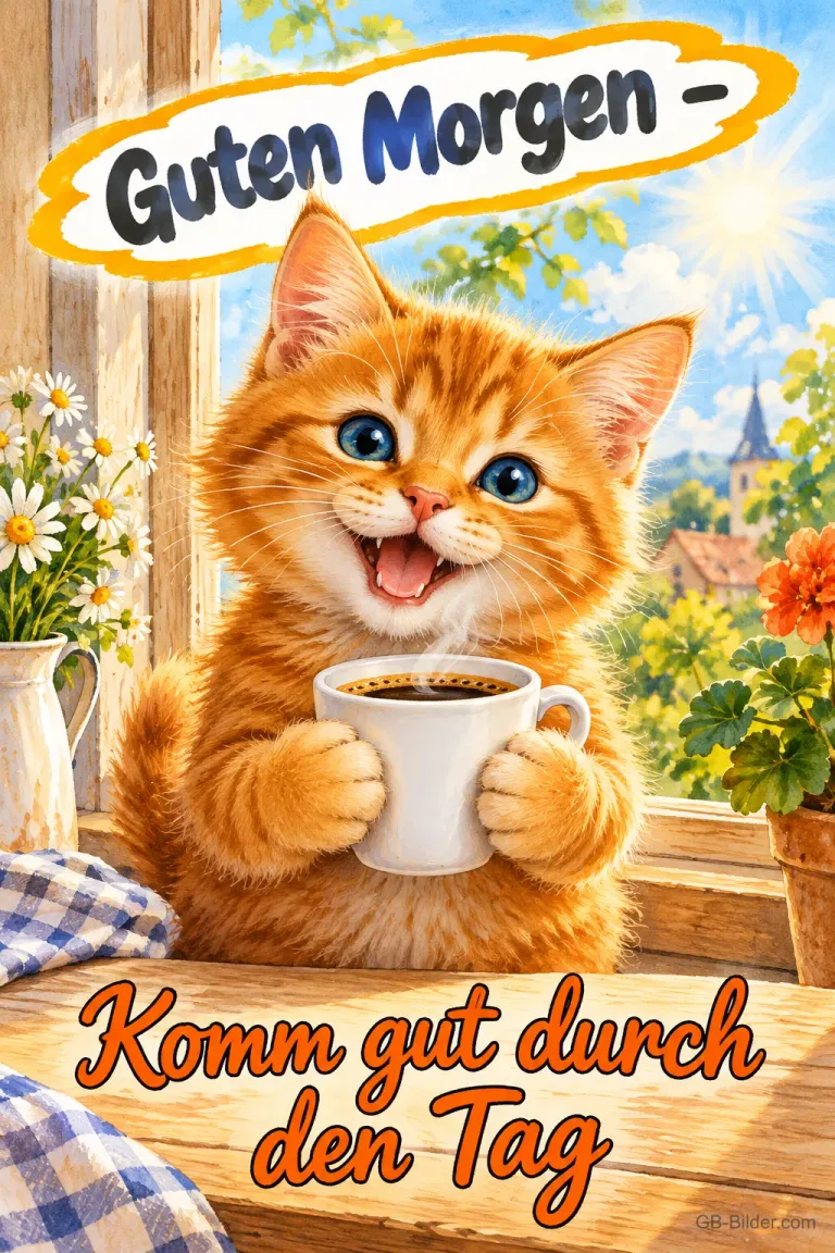 Rotes Kätzchen hält lachend eine Kaffeetasse am sonnigen Fenster, Text: Guten Morgen – Komm gut durch den Tag