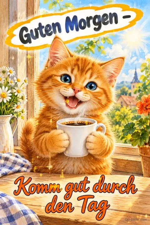 Rotes Kätzchen hält lachend eine Kaffeetasse am sonnigen Fenster, Text: Guten Morgen – Komm gut durch den Tag