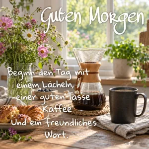 Kaffeekanne, Tasse und Croissants auf einem Tisch am Fenster, Text: Guten Morgen – Beginn den Tag mit einem Lächeln, einer guten Tasse Kaffee und ein freundliches Wort.
