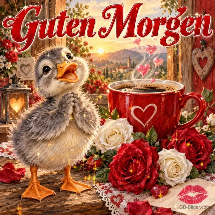 Graues Entchen neben einer roten Herztasse und Rosen, Text: Guten Morgen