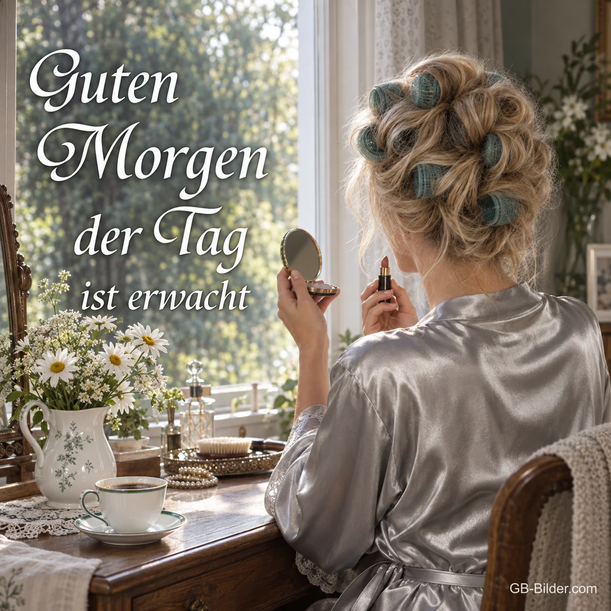 Frau im Morgenmantel mit Lockenwicklern am Schminktisch, Text: Guten Morgen, der Tag ist erwacht