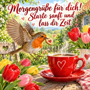 Rotkehlchen bringt einen Herzkeks zu einer roten Kaffeetasse zwischen Tulpen, Text: Morgengrüße für dich! Starte sanft und lass dir Zeit.