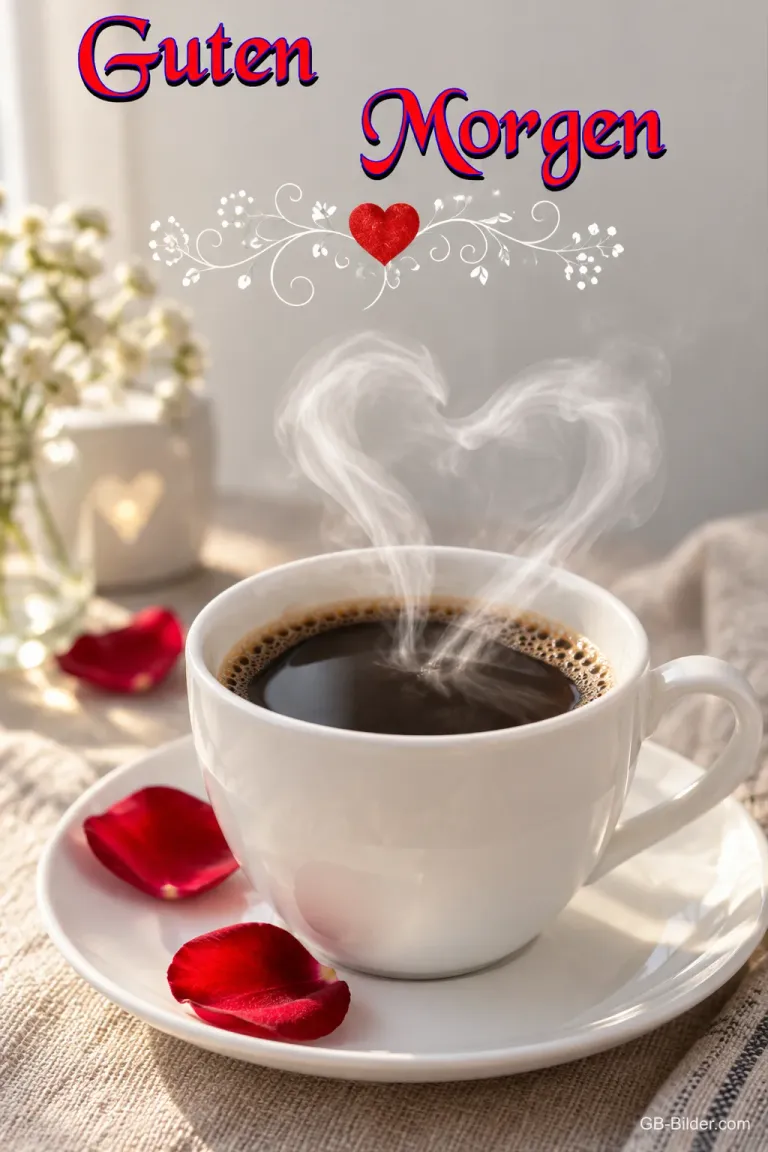 Kaffeetasse mit herzförmigem Dampf und Rosenblättern, Text: Guten Morgen