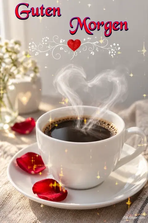 Kaffeetasse mit herzförmigem Dampf und Rosenblättern, Text: Guten Morgen