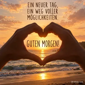Zwei Hände formen ein Herz vor dem Sonnenaufgang am Meer, Text: GUTEN MORGEN! EIN NEUER TAG, EIN WEG VOLLER MÖGLICHKEITEN.