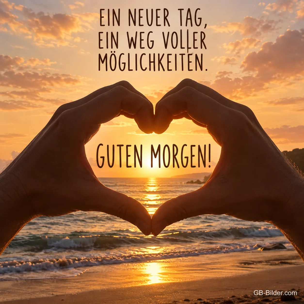 Zwei Hände formen ein Herz vor dem Sonnenaufgang am Meer, Text: GUTEN MORGEN! EIN NEUER TAG, EIN WEG VOLLER MÖGLICHKEITEN.