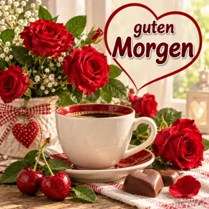 Kaffeetasse neben roten Rosen, Kirschen und Pralinen, Text: guten Morgen