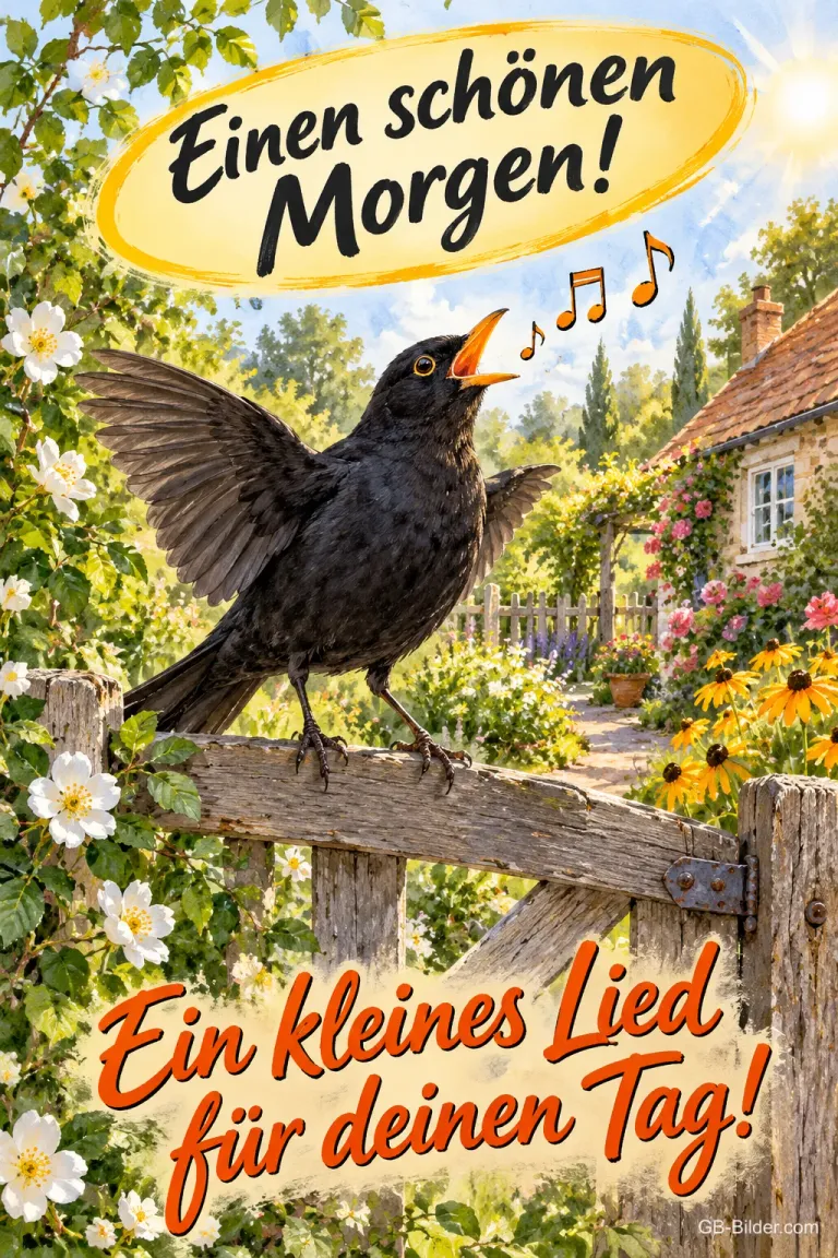 Amsel singt auf einem Gartentor vor einem sonnigen Bauerngarten, Text: Einen schönen Morgen! Ein kleines Lied für deinen Tag!