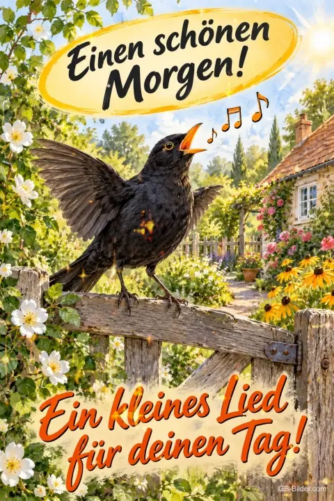 Amsel singt auf einem Gartentor vor einem sonnigen Bauerngarten, Text: Einen schönen Morgen! Ein kleines Lied für deinen Tag!
