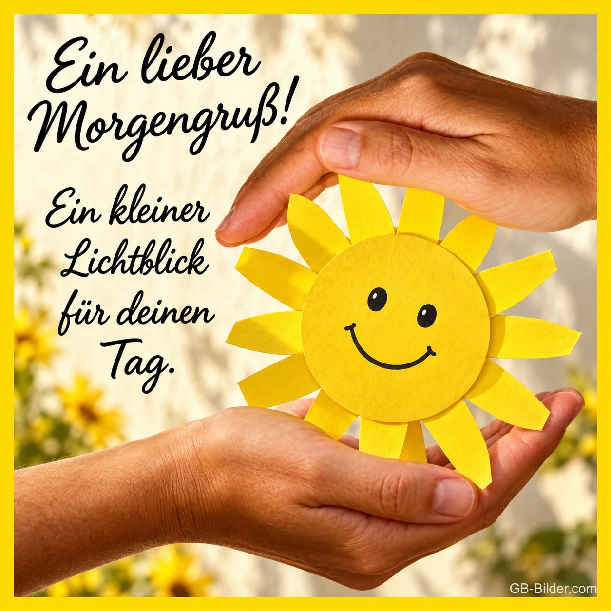 Zwei Hände halten eine lächelnde Papiersonne, Text: Ein lieber Morgengruß! Ein kleiner Lichtblick für deinen Tag.