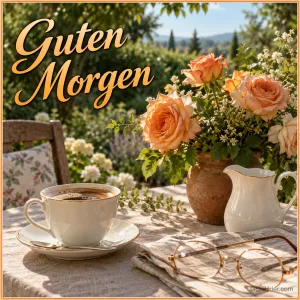 Kaffeetasse, Milchkännchen und Brille neben Rosen auf dem Gartentisch, Text: Guten Morgen