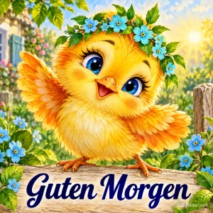 Küken mit Vergissmeinnicht-Kranz winkt auf einem Zaun, Text: Guten Morgen