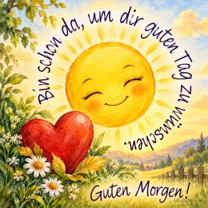Lächelnde Sonne über einer Blumenwiese mit rotem Herz, Text: Bin schon da, um dir guten Tag zu wünschen. Guten Morgen!