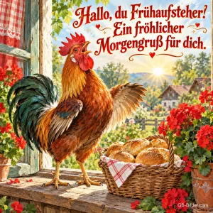 Hahn kräht auf einem sonnigen Fensterbrett neben einem Korb Brötchen und Geranien, Text: Hallo, du Frühaufsteher! Ein fröhlicher Morgengruß für dich.