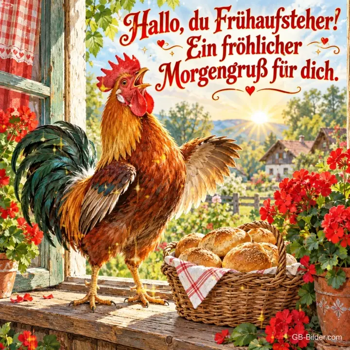 Hahn kräht auf einem sonnigen Fensterbrett neben einem Korb Brötchen und Geranien, Text: Hallo, du Frühaufsteher! Ein fröhlicher Morgengruß für dich.