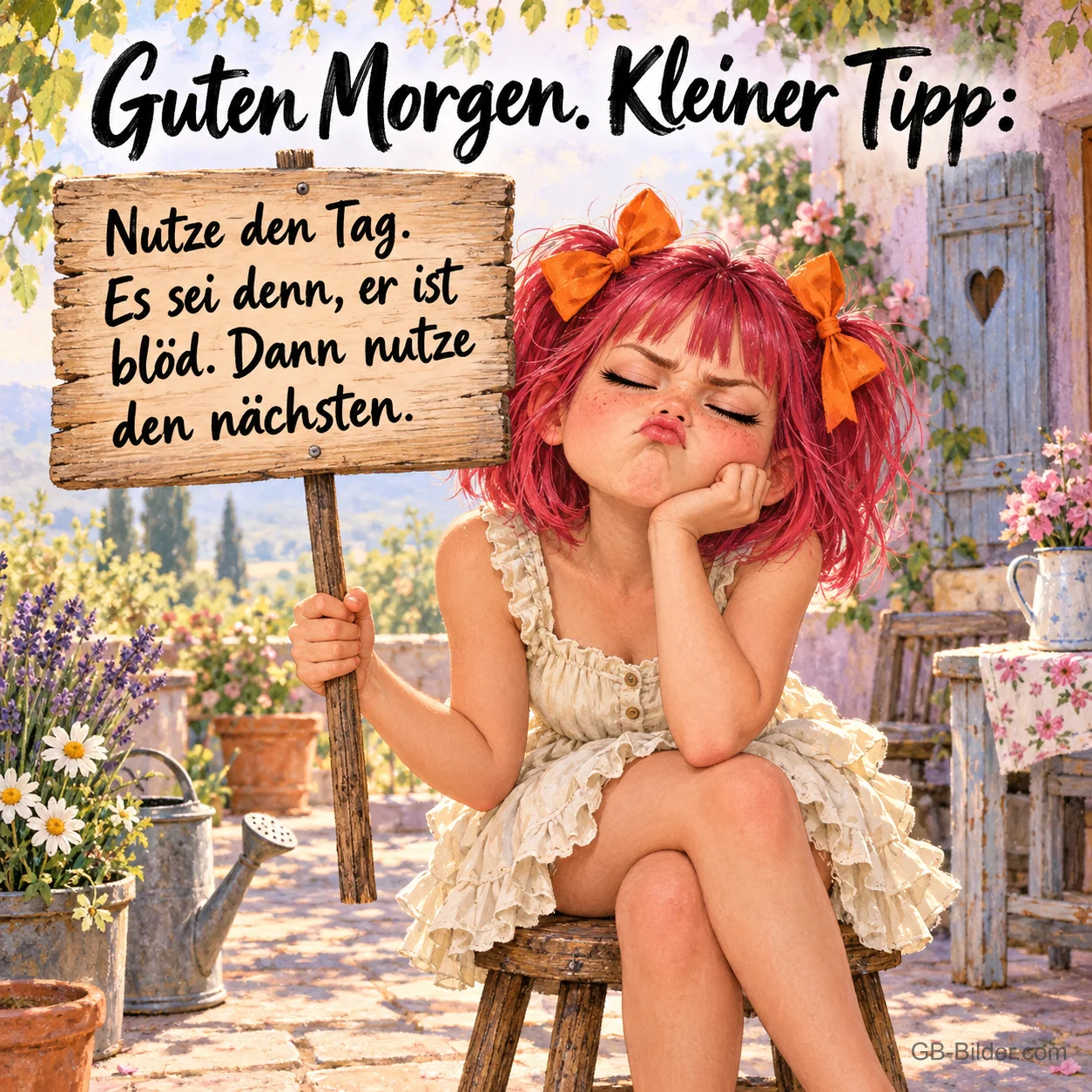 Rothaariges Mädchen mit Schleifen hält schmollend ein Holzschild auf einer Terrasse, Text: Guten Morgen. Kleiner Tipp: Nutze den Tag. Es sei denn, er ist blöd. Dann nutze den nächsten.