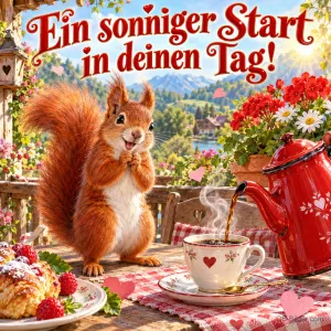 Eichhörnchen freut sich über frisch gegossenen Kaffee am Frühstückstisch, Text: Ein sonniger Start in deinen Tag!