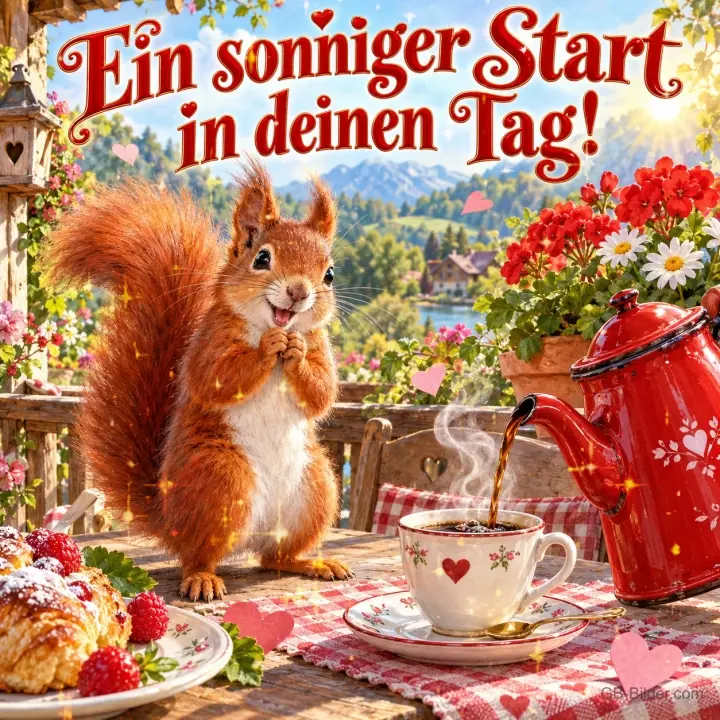 Eichhörnchen freut sich über frisch gegossenen Kaffee am Frühstückstisch, Text: Ein sonniger Start in deinen Tag!