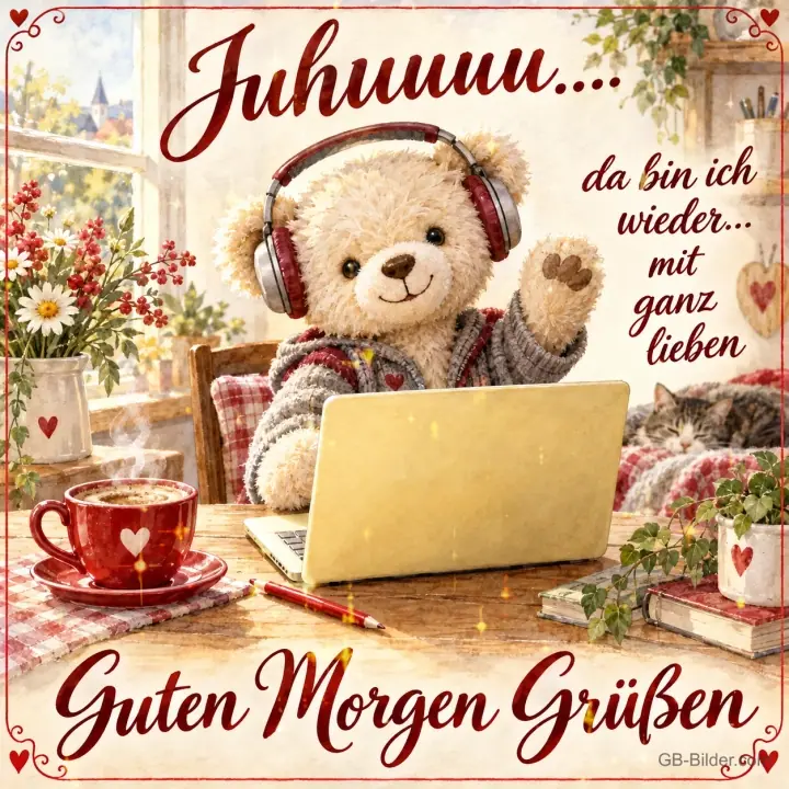 Teddybär mit Kopfhörern winkt vor einem Laptop, Text: Juhuuu… da bin ich wieder… mit ganz lieben Guten Morgen Grüßen Teddybär mit Kopfhörern winkt vor einem Laptop, Text: Juhuuu… da bin ich wieder… mit ganz lieben Guten Morgen Grüßen