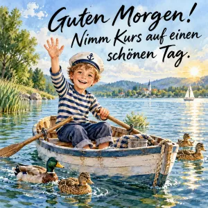 Junge im Ringelshirt winkt aus einem Ruderboot auf dem See, Enten schwimmen mit, Text: Guten Morgen! Nimm Kurs auf einen schönen Tag.
