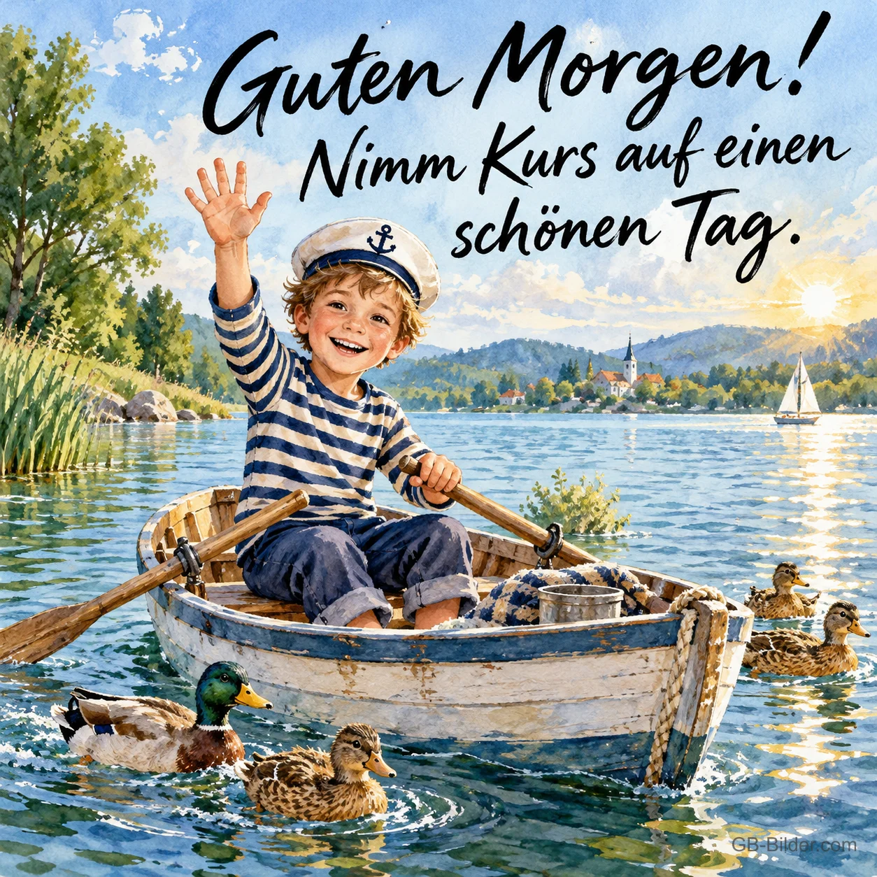 Junge im Ringelshirt winkt aus einem Ruderboot auf dem See, Enten schwimmen mit, Text: Guten Morgen! Nimm Kurs auf einen schönen Tag.