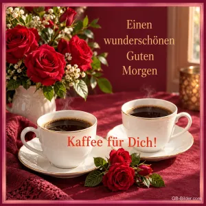 Zwei Kaffeetassen neben einem Strauß roter Rosen, Text: Einen wunderschönen Guten Morgen – Kaffee für Dich!
