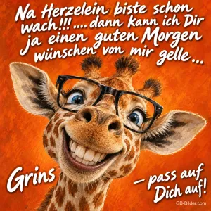 Giraffe mit großer Brille grinst breit vor orangem Hintergrund, Text: Na Herzelein biste schon wach!!! ….dann kann ich Dir ja einen guten Morgen wünschen von mir gelle… Grins – pass auf Dich auf!