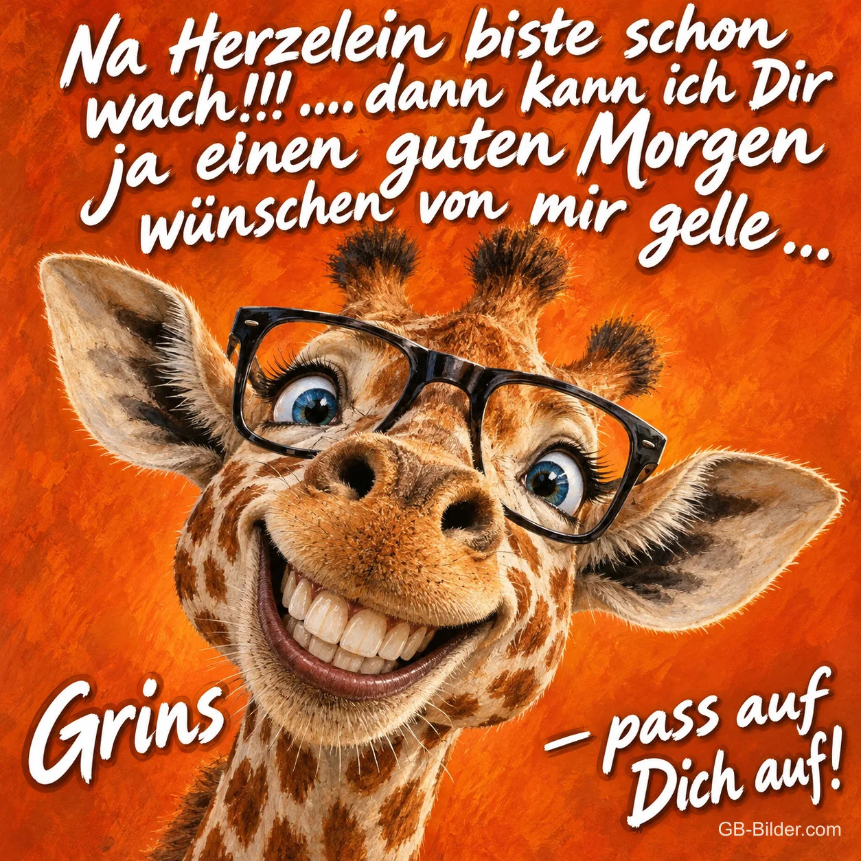 Giraffe mit großer Brille grinst breit vor orangem Hintergrund, Text: Na Herzelein biste schon wach!!! ….dann kann ich Dir ja einen guten Morgen wünschen von mir gelle… Grins – pass auf Dich auf!