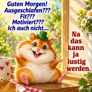 Hamster mit grünem Hut breitet fröhlich die Arme am Frühstückstisch aus, Text: Guten Morgen! Ausgeschlafen??? Fit??? Motiviert??? Ich auch nicht.... Na das kann ja lustig werden.