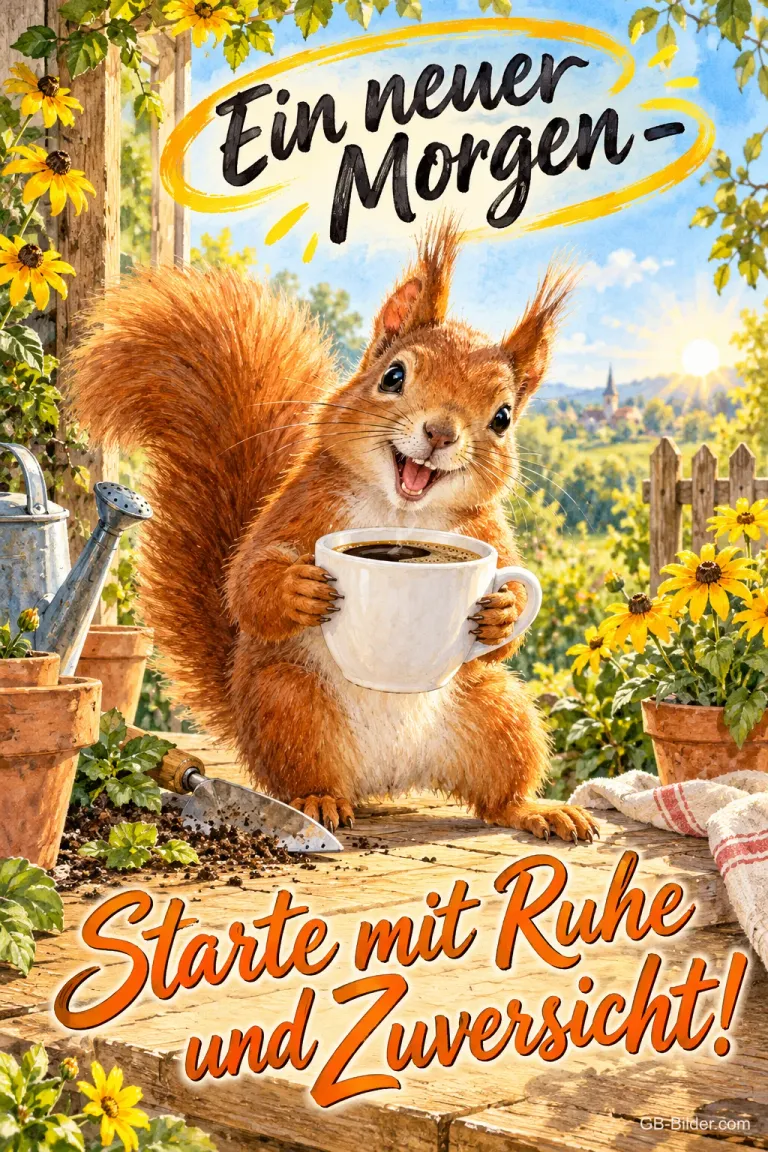 Eichhörnchen hält lachend eine Kaffeetasse auf dem Gartentisch, Text: Ein neuer Morgen – Starte mit Ruhe und Zuversicht!