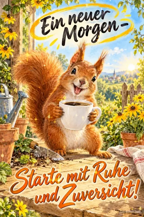 Eichhörnchen hält lachend eine Kaffeetasse auf dem Gartentisch, Text: Ein neuer Morgen – Starte mit Ruhe und Zuversicht!