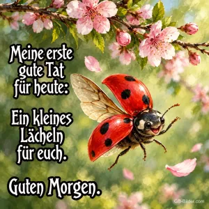 Lächelnder Marienkäfer fliegt unter rosa Kirschblüten, Text: Meine erste gute Tat für heute: Ein kleines Lächeln für euch. Guten Morgen.