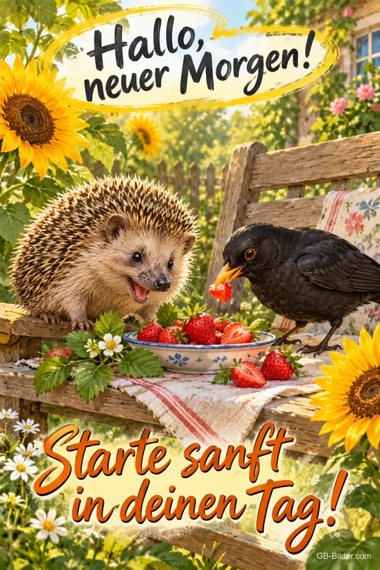 Igel und Amsel frühstücken Erdbeeren auf einer Gartenbank zwischen Sonnenblumen, Text: Hallo, neuer Morgen! Starte sanft in deinen Tag!