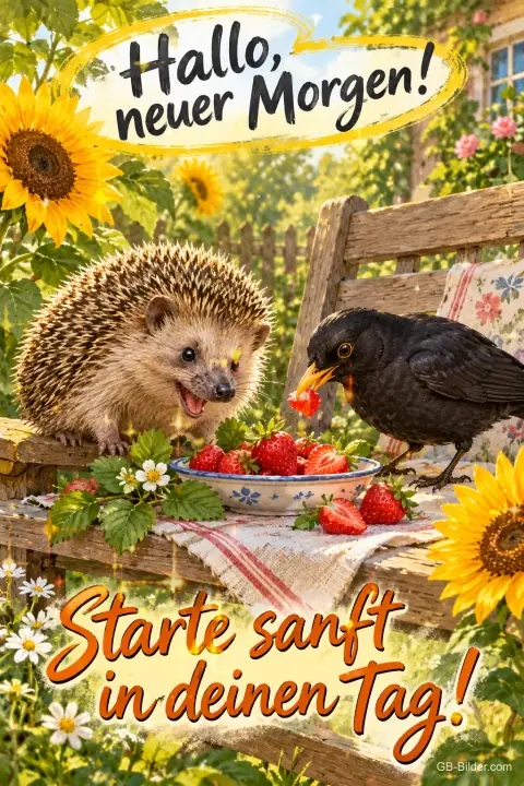Igel und Amsel frühstücken Erdbeeren auf einer Gartenbank zwischen Sonnenblumen, Text: Hallo, neuer Morgen! Starte sanft in deinen Tag!