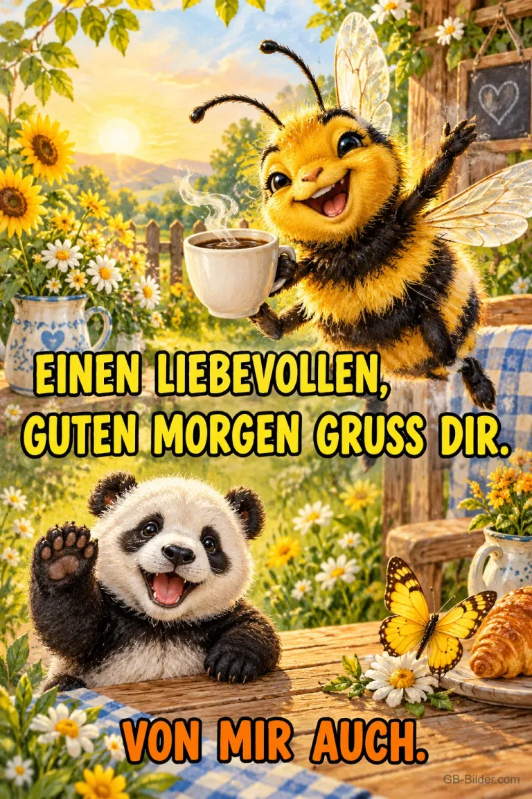 Biene fliegt mit Kaffeetasse, Panda winkt am Frühstückstisch im Garten, Text: EINEN LIEBEVOLLEN, GUTEN MORGEN GRUSS DIR. VON MIR AUCH.