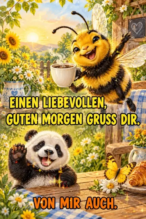 Biene fliegt mit Kaffeetasse, Panda winkt am Frühstückstisch im Garten, Text: EINEN LIEBEVOLLEN, GUTEN MORGEN GRUSS DIR. VON MIR AUCH.