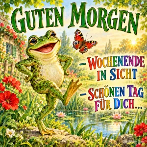 Laubfrosch tanzt fröhlich am Teich zwischen Blumen, Text: GUTEN MORGEN – WOCHENENDE IN SICHT – SCHÖNEN TAG FÜR DICH…
