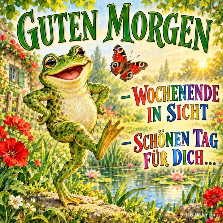 Laubfrosch tanzt fröhlich am Teich zwischen Blumen, Text: GUTEN MORGEN – WOCHENENDE IN SICHT – SCHÖNEN TAG FÜR DICH…