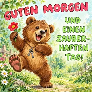 Bär mit roter Blume und Schlüsselkette tanzt über eine Frühlingswiese, Text: GUTEN MORGEN UND EINEN ZAUBERHAFTEN TAG!