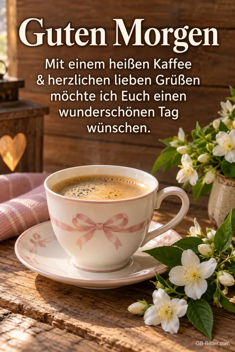 Kaffeetasse mit rosa Schleife neben Jasminblüten, Text: Guten Morgen – Mit einem heißen Kaffee & herzlichen lieben Grüßen möchte ich Euch einen wunderschönen Tag wünschen.
